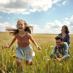 A picturesque scene in a vast prairie under a clear blue sky with fluffy white clouds