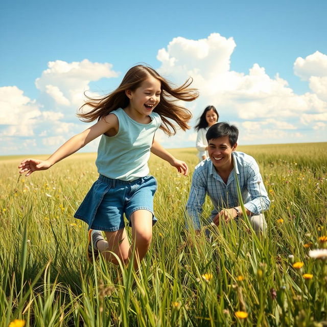 A picturesque scene in a vast prairie under a clear blue sky with fluffy white clouds