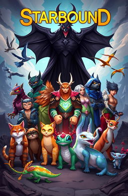 A vibrant fantasy book cover for 'Starbound' featuring 13 diverse heroes standing united against the dark villain Vo!d