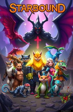 A vibrant fantasy book cover for 'Starbound' featuring 13 diverse heroes standing united against the dark villain Vo!d