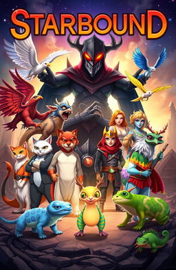A vibrant fantasy book cover for 'Starbound' featuring 13 diverse heroes standing united against the dark villain Vo!d