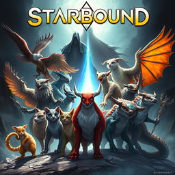 An epic fantasy book cover for 'Starbound' showcasing 13 unique heroes banding together against the dark force of the villain Vo!d