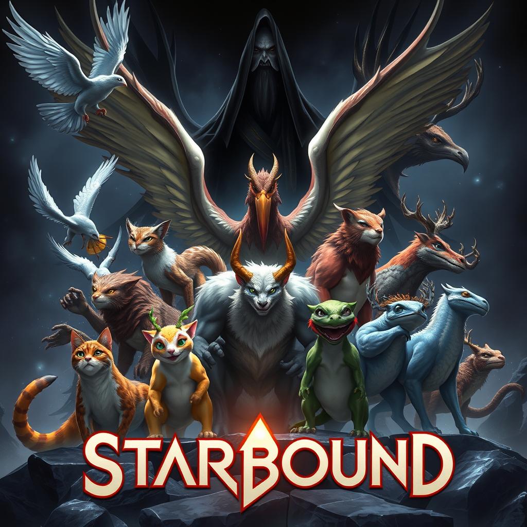 An epic fantasy book cover for 'Starbound' showcasing 13 unique heroes banding together against the dark force of the villain Vo!d