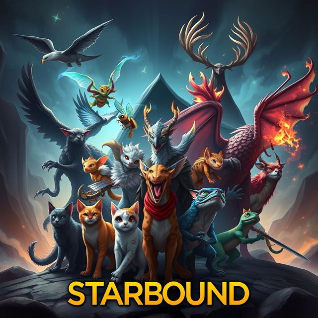 An epic fantasy book cover for 'Starbound' showcasing 13 unique heroes banding together against the dark force of the villain Vo!d