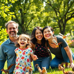 A joyful family moment in a sunny park, featuring a vibrant scene with a young girl, full of energy and laughter, standing beside her loving father