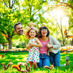 A joyful family moment in a sunny park, featuring a vibrant scene with a young girl, full of energy and laughter, standing beside her loving father
