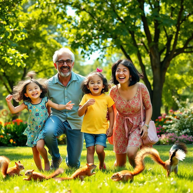 A joyful family moment in a sunny park, featuring a vibrant scene with a young girl, full of energy and laughter, standing beside her loving father