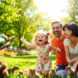 A joyful family moment in a sunny park, featuring a vibrant scene with a young girl, full of energy and laughter, standing beside her loving father