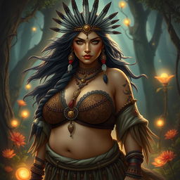 A powerful and captivating female shamaness with a curvy figure, showcasing her ample bosom and exuding an aura of mystique and strength