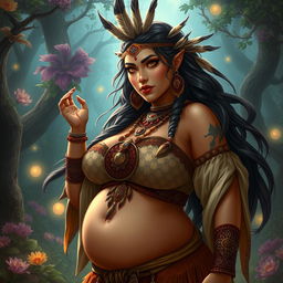 A powerful and captivating female shamaness with a curvy figure, showcasing her ample bosom and exuding an aura of mystique and strength