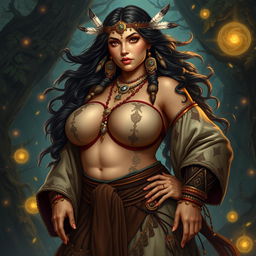 A powerful and captivating female shamaness with a curvy figure, showcasing her ample bosom and exuding an aura of mystique and strength