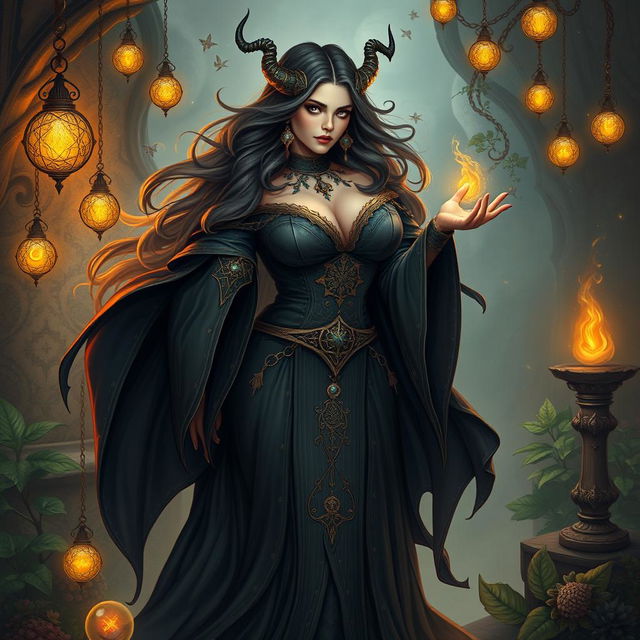 A mystical female witch, embodying a powerful presence with a full-bodied figure and ample bosom