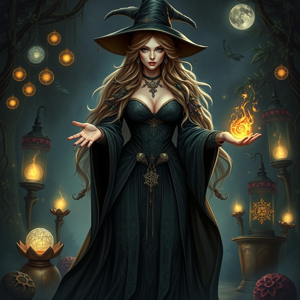 A mystical female witch, embodying a powerful presence with a full-bodied figure and ample bosom