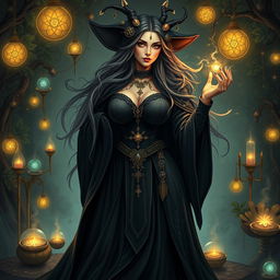 A mystical female witch, embodying a powerful presence with a full-bodied figure and ample bosom