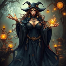A mystical female witch, embodying a powerful presence with a full-bodied figure and ample bosom