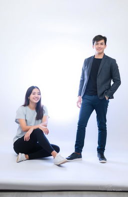 A young woman sitting on the left, casually dressed with a relaxed posture, while on the right, a young man stands confidently, wearing smart-casual attire