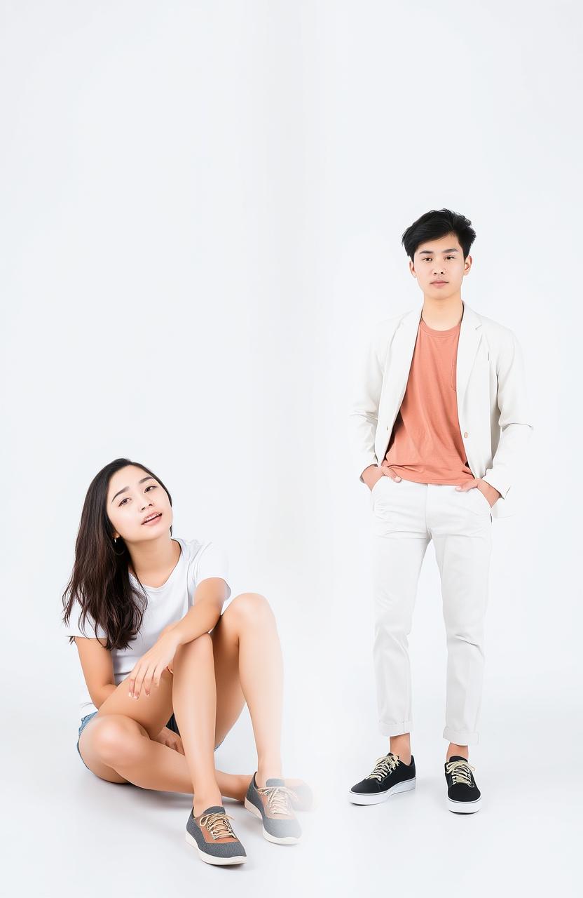 A young woman sitting on the left, casually dressed with a relaxed posture, while on the right, a young man stands confidently, wearing smart-casual attire