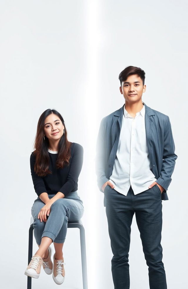 A young woman sitting on the left, casually dressed with a relaxed posture, while on the right, a young man stands confidently, wearing smart-casual attire