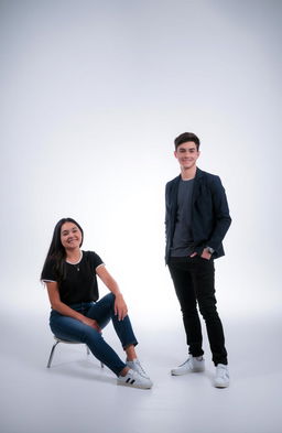 A young woman sitting on the left, casually dressed with a relaxed posture, while on the right, a young man stands confidently, wearing smart-casual attire