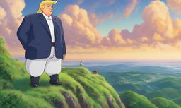 Donald Trump depicted as a Studio Ghibli character, standing on a hilltop overlooking a lush landscape.