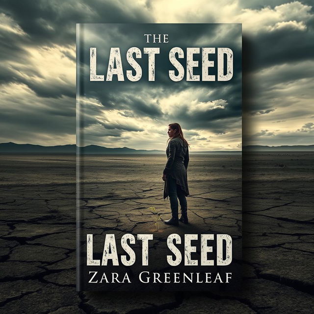 A captivating book cover design for 'The Last Seed' by Zara Greenleaf, featuring a lone figure standing in a vast post-apocalyptic wasteland