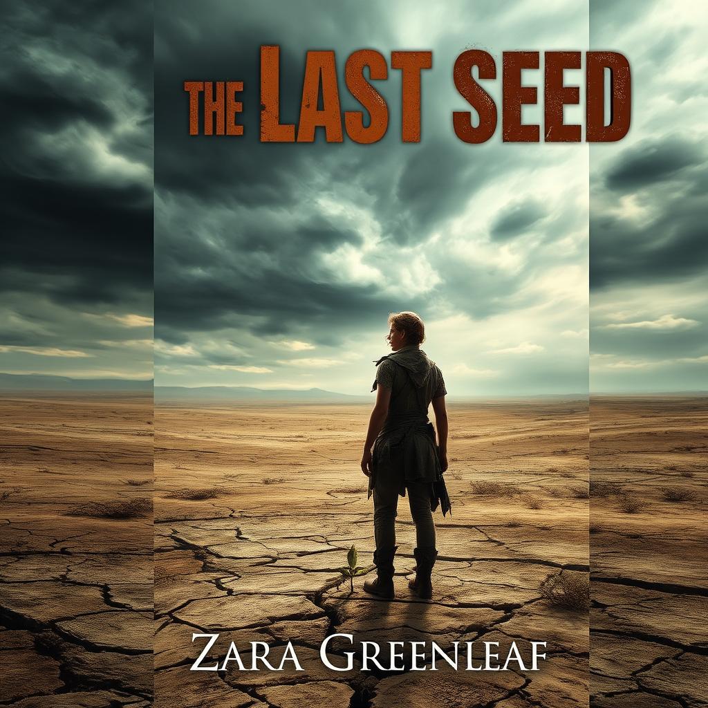 A captivating book cover design for 'The Last Seed' by Zara Greenleaf, featuring a lone figure standing in a vast post-apocalyptic wasteland