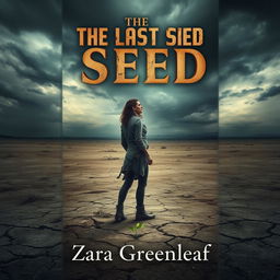A captivating book cover design for 'The Last Seed' by Zara Greenleaf, featuring a lone figure standing in a vast post-apocalyptic wasteland