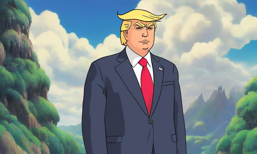 Donald Trump depicted as a Studio Ghibli character, standing on a hilltop overlooking a lush landscape.