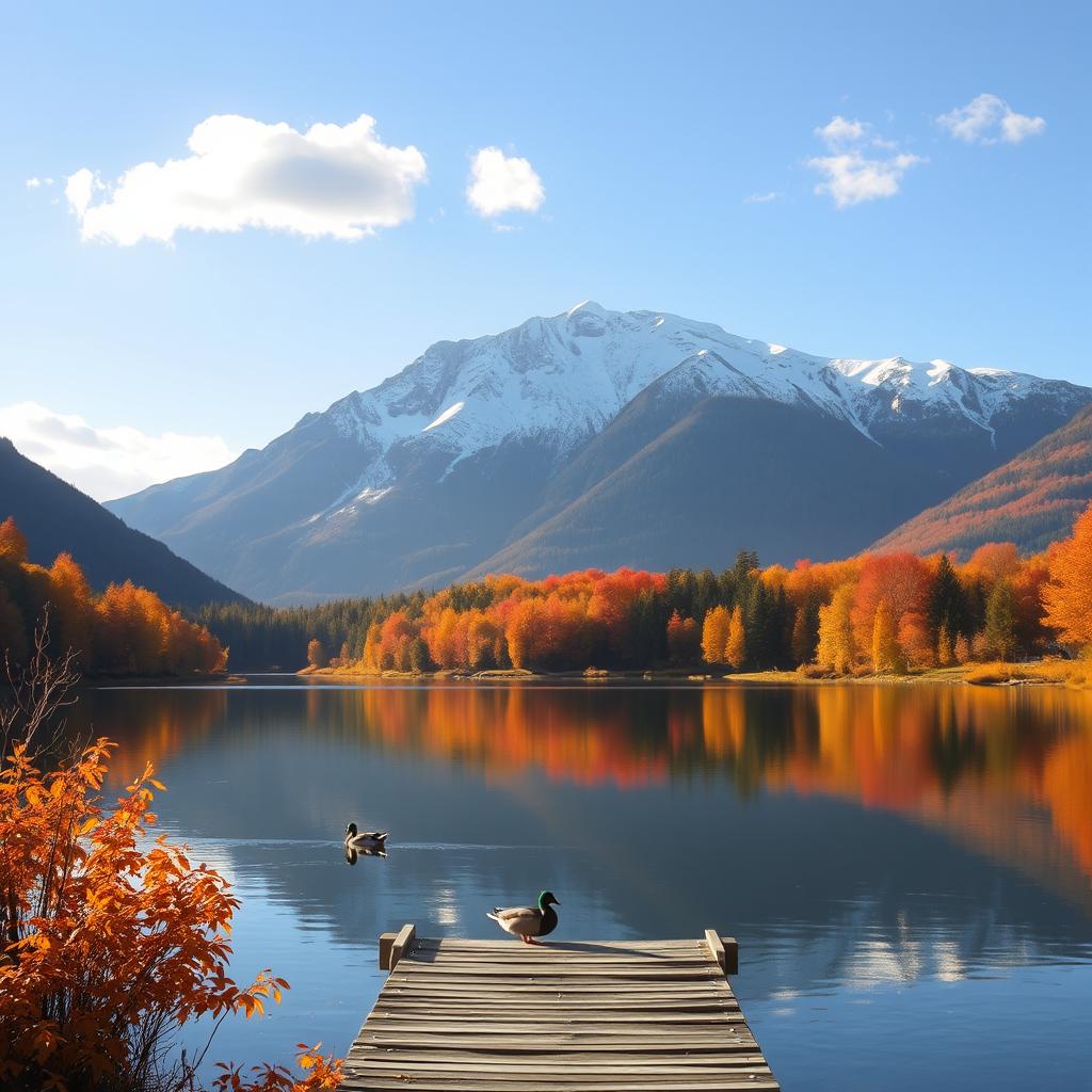 A serene autumn landscape featuring a tranquil lake surrounded by vibrant fall foliage in shades of orange, red, and gold