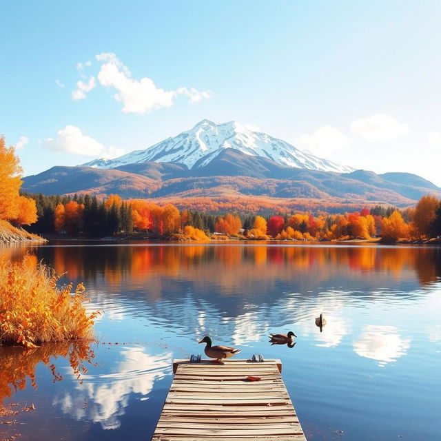 A serene autumn landscape featuring a tranquil lake surrounded by vibrant fall foliage in shades of orange, red, and gold