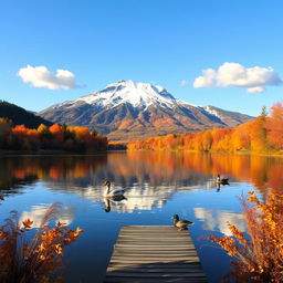 A serene autumn landscape featuring a tranquil lake surrounded by vibrant fall foliage in shades of orange, red, and gold
