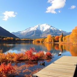 A serene autumn landscape featuring a tranquil lake surrounded by vibrant fall foliage in shades of orange, red, and gold
