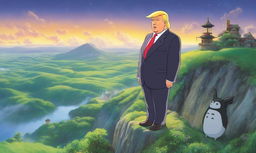 Donald Trump depicted as a Studio Ghibli character, standing on a hilltop overlooking a lush landscape.