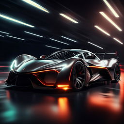 A vividly detailed render of the fastest production car ever made, showcasing its sleek design, aerodynamic shape, and innovative features in a dramatic lighting setting.