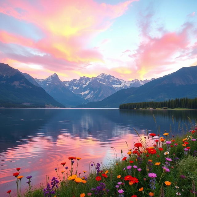 A stunning landscape featuring a serene lake surrounded by majestic mountains