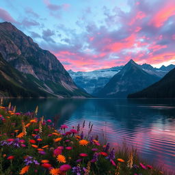 A stunning landscape featuring a serene lake surrounded by majestic mountains