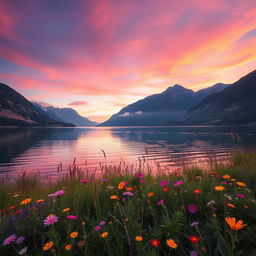 A stunning landscape featuring a serene lake surrounded by majestic mountains