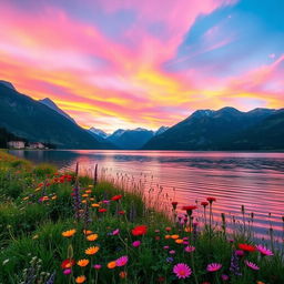 A stunning landscape featuring a serene lake surrounded by majestic mountains