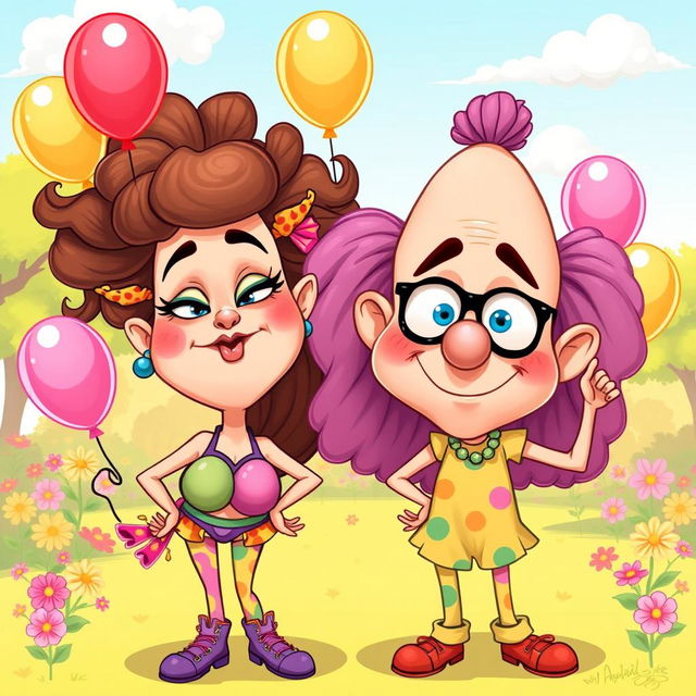 A whimsical and humorous cartoon-style illustration featuring two comically exaggerated characters