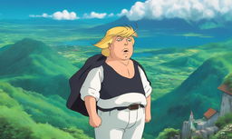 Donald Trump depicted as a Studio Ghibli character, standing on a hilltop overlooking a lush landscape.