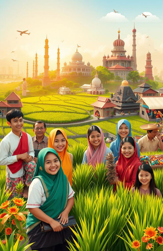 A vibrant and inspiring scene depicting the concept of economic justice for the Indonesian society, showcasing a diverse group of people working together harmoniously, engaged in various activities such as farming, trade, and education, symbolizing unity and prosperity