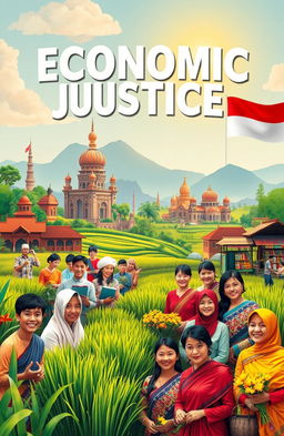 A vibrant and inspiring scene depicting the concept of economic justice for the Indonesian society, showcasing a diverse group of people working together harmoniously, engaged in various activities such as farming, trade, and education, symbolizing unity and prosperity
