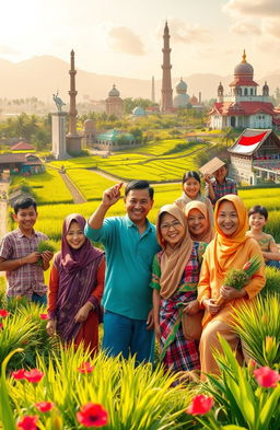 A vibrant and inspiring scene depicting the concept of economic justice for the Indonesian society, showcasing a diverse group of people working together harmoniously, engaged in various activities such as farming, trade, and education, symbolizing unity and prosperity