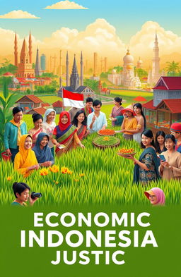 A vibrant and inspiring scene depicting the concept of economic justice for the Indonesian society, showcasing a diverse group of people working together harmoniously, engaged in various activities such as farming, trade, and education, symbolizing unity and prosperity