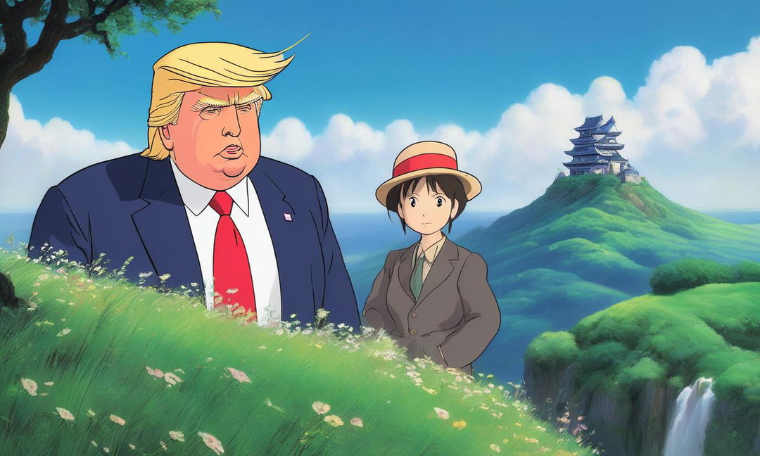 Donald Trump as a Studio Ghibli character, with softer, more empathetic eyes, standing on a hilltop overlooking a lush landscape