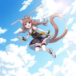 An anime-style medium shot of an adult cat girl with two tails twirling in the sky like a flying helicopter