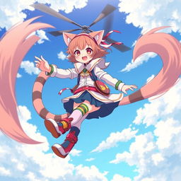 An anime-style medium shot of an adult cat girl with two tails twirling in the sky like a flying helicopter