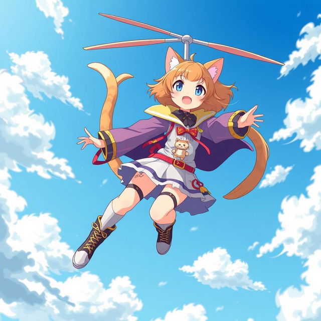 An anime-style medium shot of an adult cat girl with two tails twirling in the sky like a flying helicopter