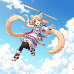 An anime-style medium shot of an adult cat girl with two tails twirling in the sky like a flying helicopter