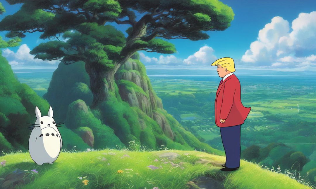 Donald Trump as a Studio Ghibli character, with softer, more empathetic eyes, standing on a hilltop overlooking a lush landscape